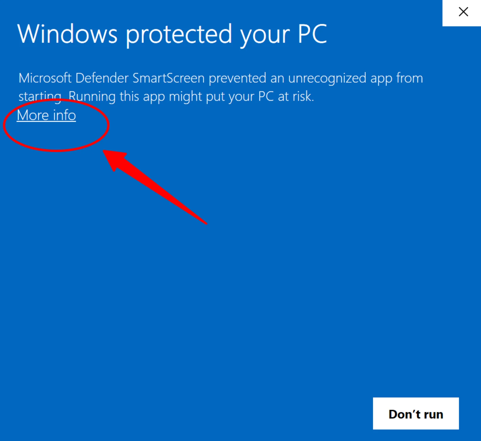 Windows protection prompt - click More info